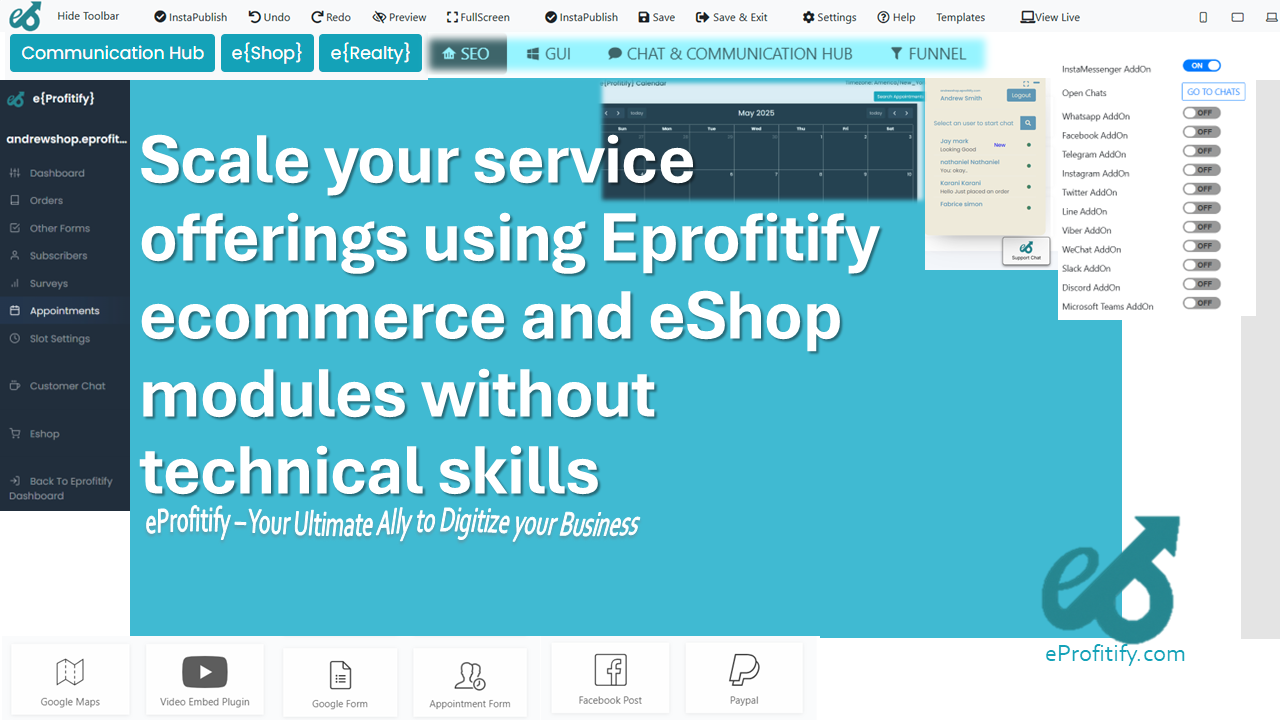Scale your service offerings using Eprofitify ecommerce and eShop modules without technical skills